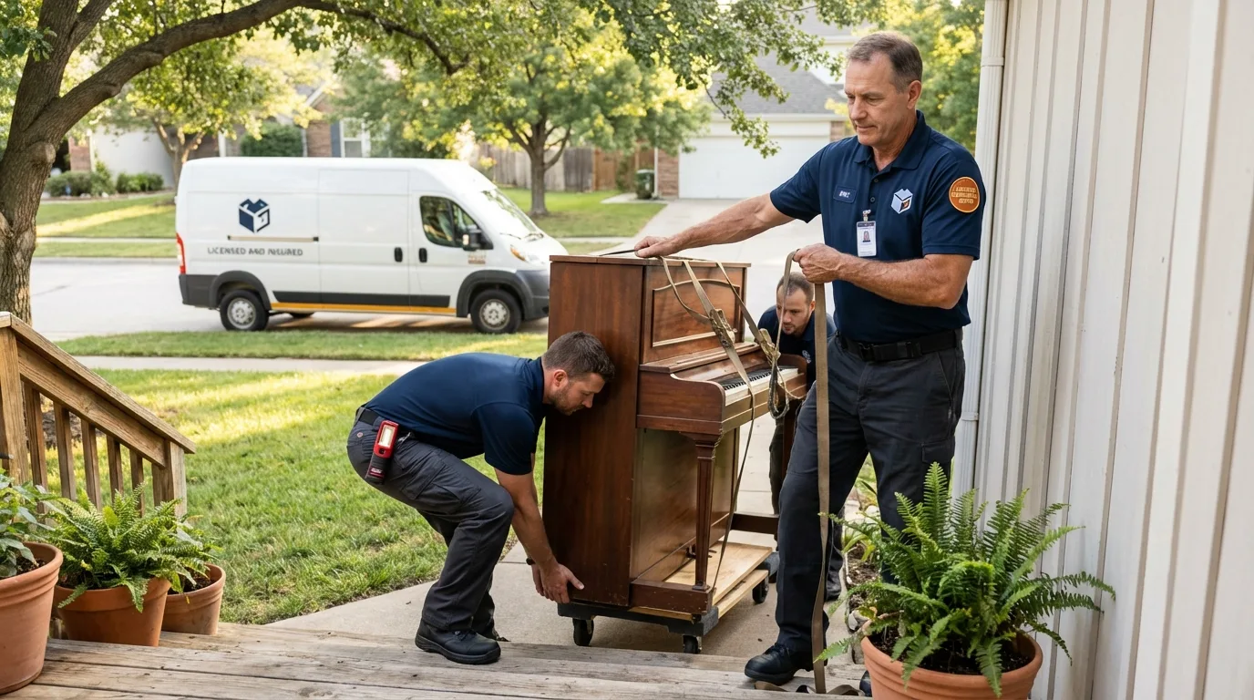 Licensed piano movers securing grand piano in Arnold, MD