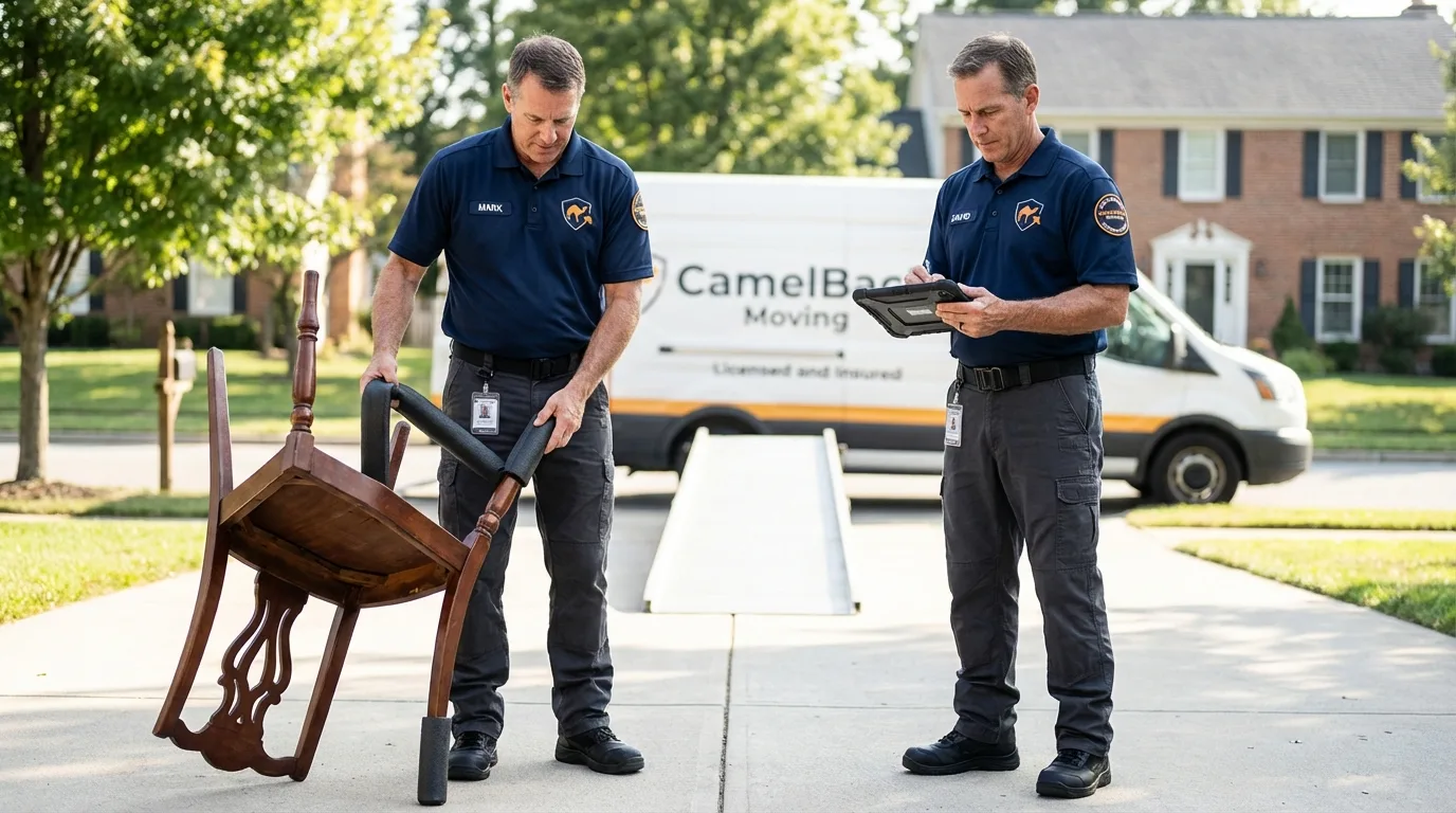 Movers inspecting furniture for damage prevention before loading in Arnold, MD