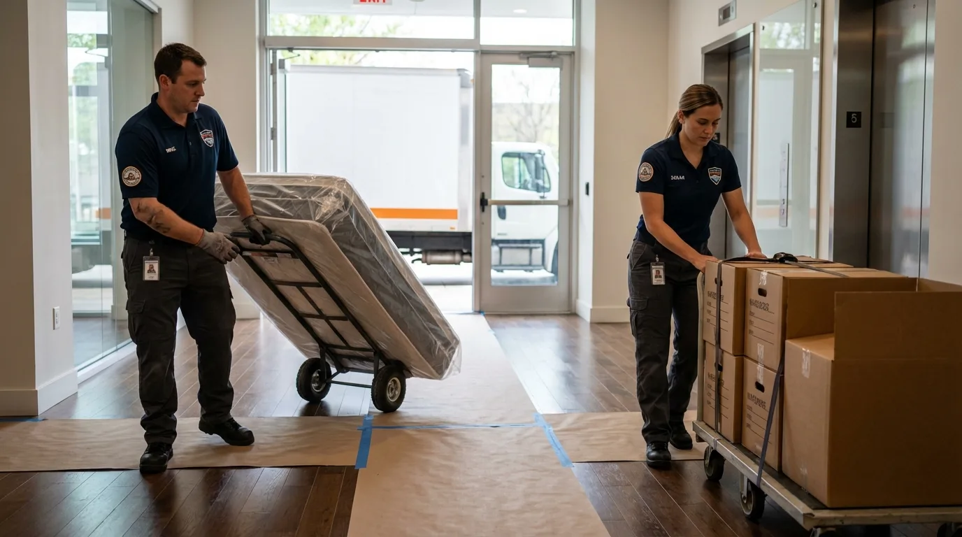 Professional apartment movers loading elevator in Arnold, MD